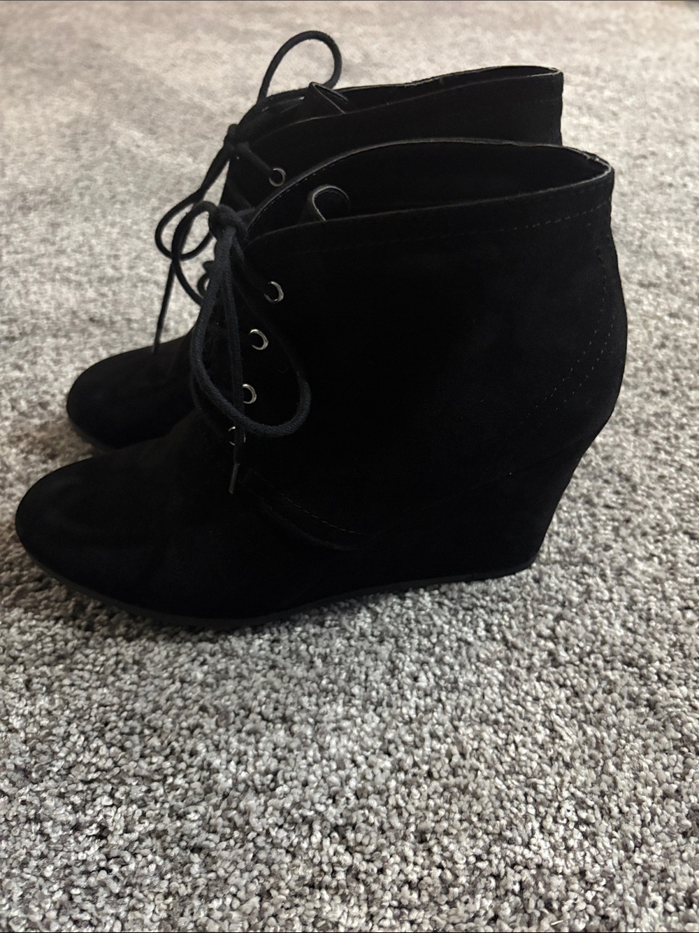 Black Suede Lace-Up Wedge Ankle Boots - Women
